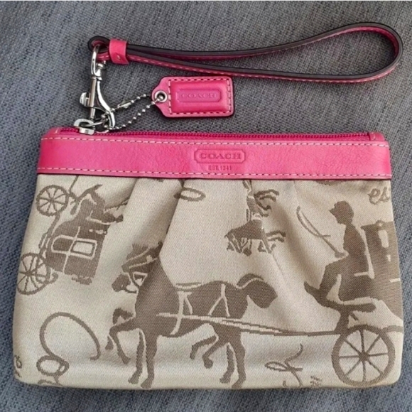 Coach Handbags - Coach Wristlet Pink Leather Beige Embroidered Horse Purse Wallet Bag